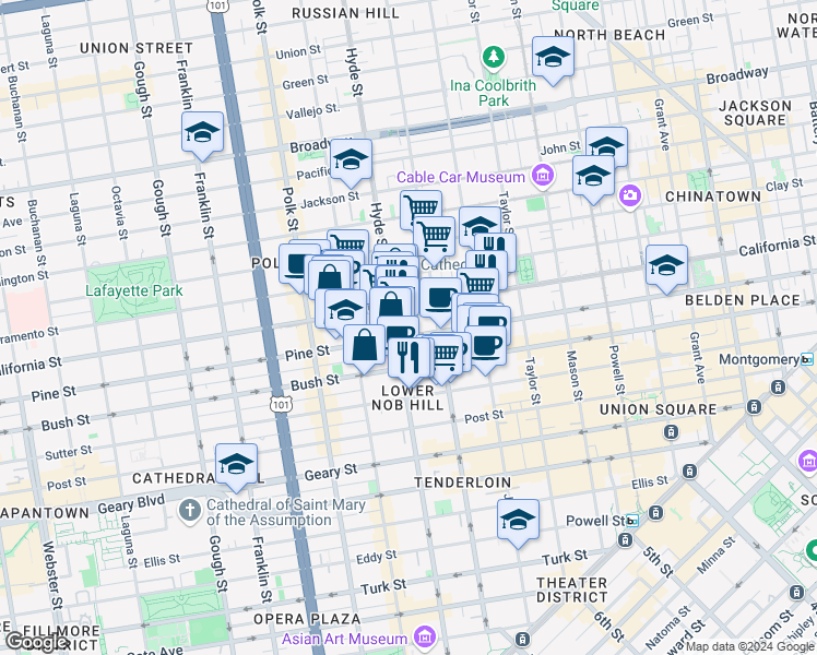 map of restaurants, bars, coffee shops, grocery stores, and more near 1398 California Street in San Francisco