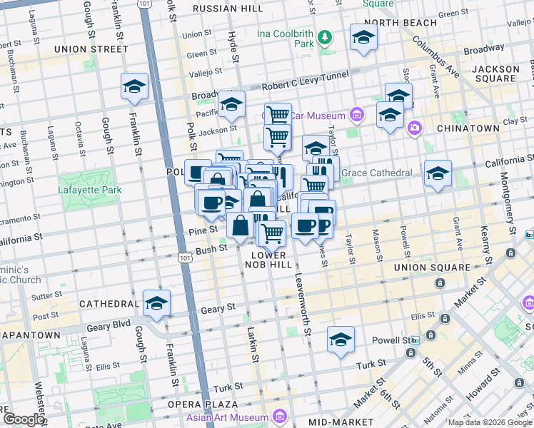 map of restaurants, bars, coffee shops, grocery stores, and more near 1398 California Street in San Francisco