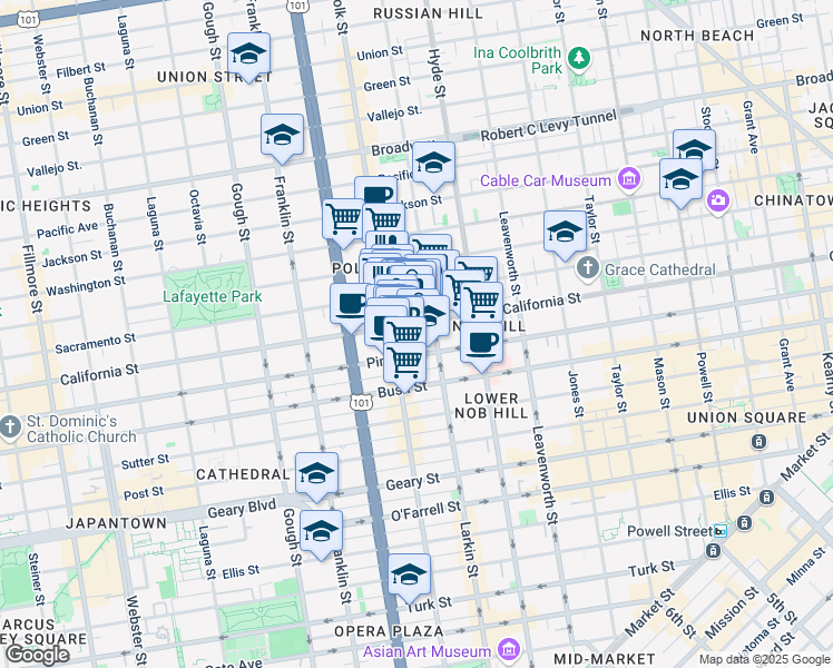 map of restaurants, bars, coffee shops, grocery stores, and more near 1574 California Street in San Francisco