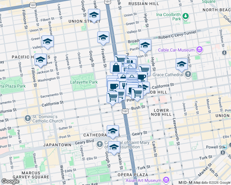map of restaurants, bars, coffee shops, grocery stores, and more near 1750 Van Ness Avenue in San Francisco
