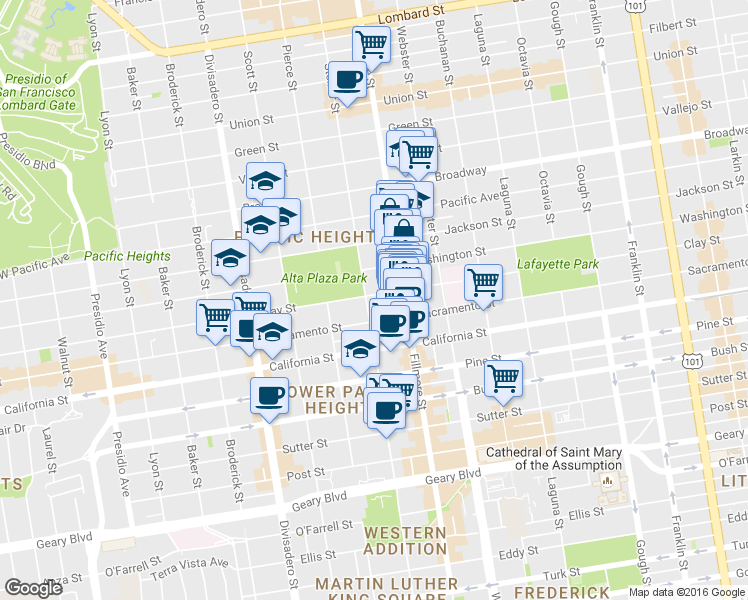 map of restaurants, bars, coffee shops, grocery stores, and more near 2336 Steiner Street in San Francisco