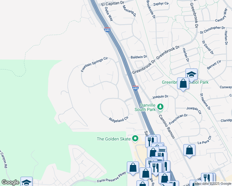 map of restaurants, bars, coffee shops, grocery stores, and more near 1300 Fountain Springs Circle in Danville