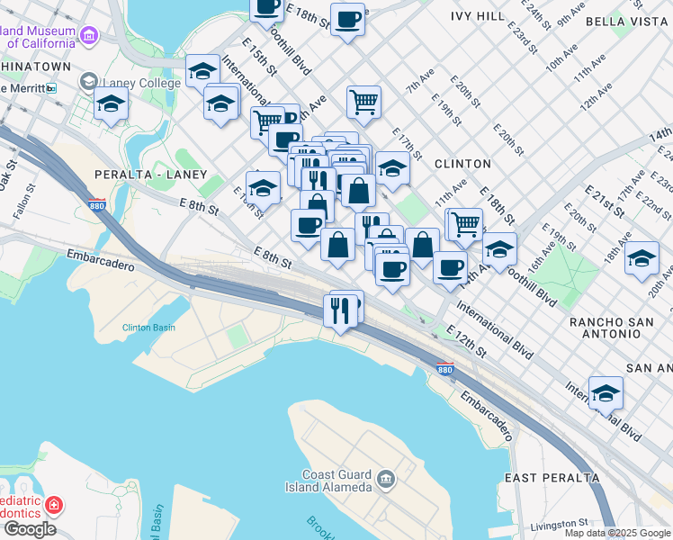map of restaurants, bars, coffee shops, grocery stores, and more near 1011 East 11th Street in Oakland