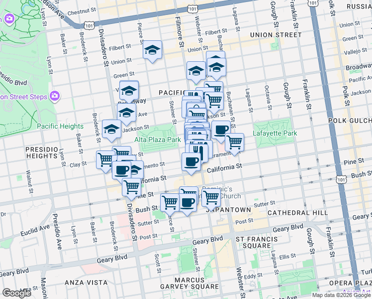 map of restaurants, bars, coffee shops, grocery stores, and more near 2585 Clay Street in San Francisco