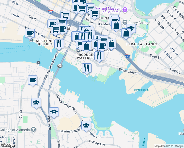 map of restaurants, bars, coffee shops, grocery stores, and more near 11 Embarcadero Cove in Oakland