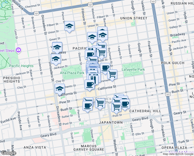 map of restaurants, bars, coffee shops, grocery stores, and more near 2462 Sacramento Street in San Francisco