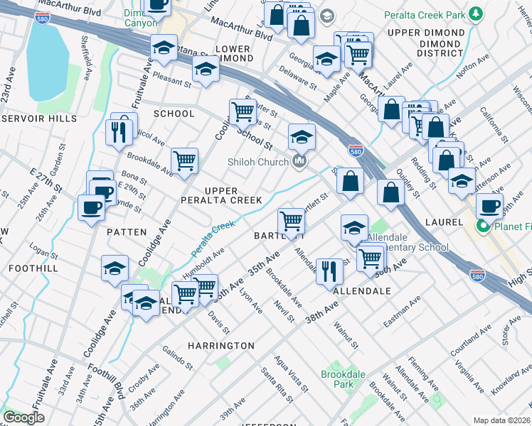 map of restaurants, bars, coffee shops, grocery stores, and more near 2737 Humboldt Avenue in Oakland