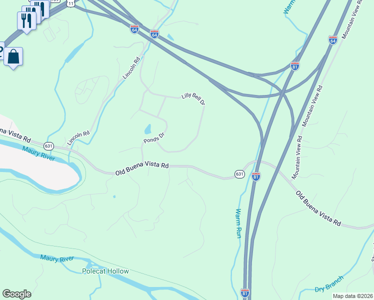 map of restaurants, bars, coffee shops, grocery stores, and more near 436 Old Buena Vista Road in Lexington
