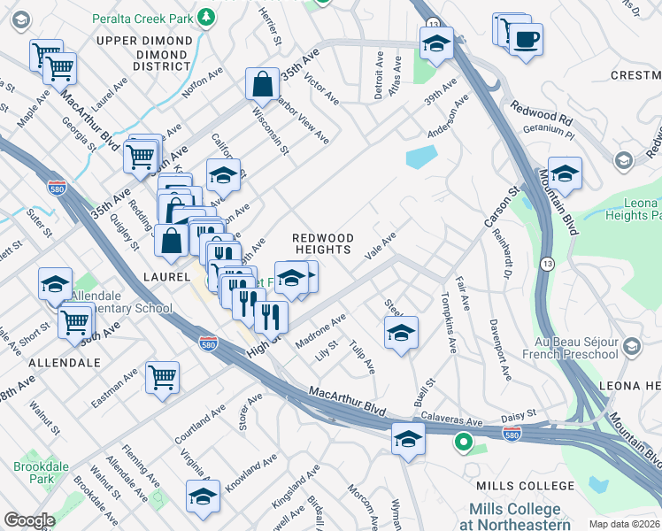 map of restaurants, bars, coffee shops, grocery stores, and more near 4139 Bayo Street in Oakland