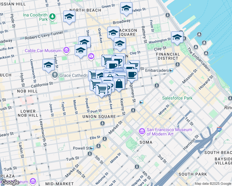 map of restaurants, bars, coffee shops, grocery stores, and more near 429 Bush Street in San Francisco