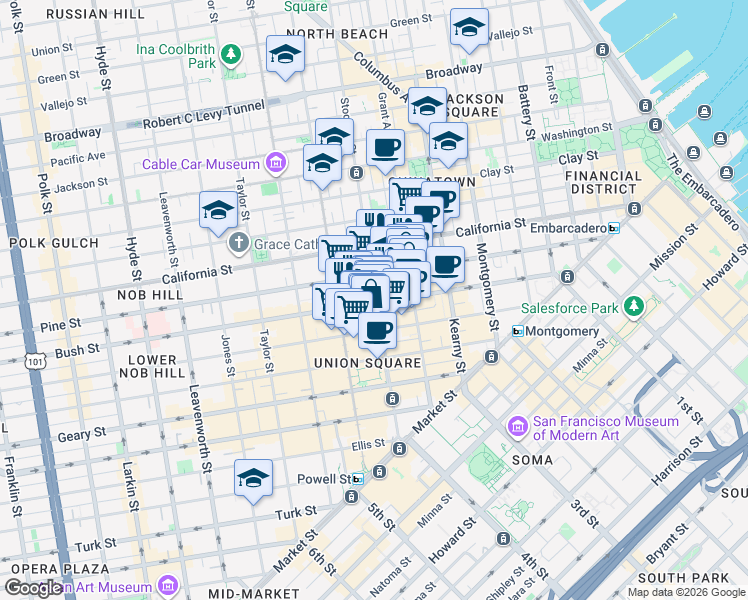 map of restaurants, bars, coffee shops, grocery stores, and more near 600 Bush Street in San Francisco