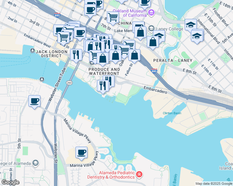 map of restaurants, bars, coffee shops, grocery stores, and more near 1 Embarcadero West in Oakland