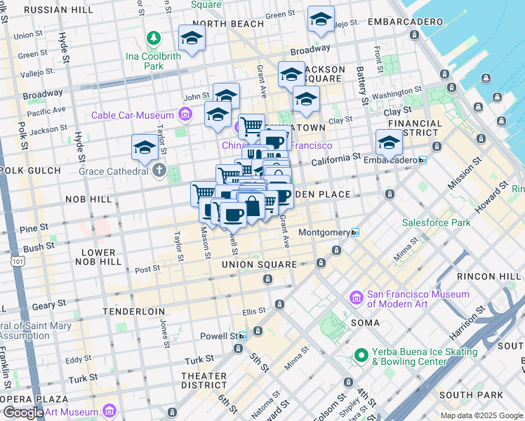 map of restaurants, bars, coffee shops, grocery stores, and more near 590 Bush Street in San Francisco