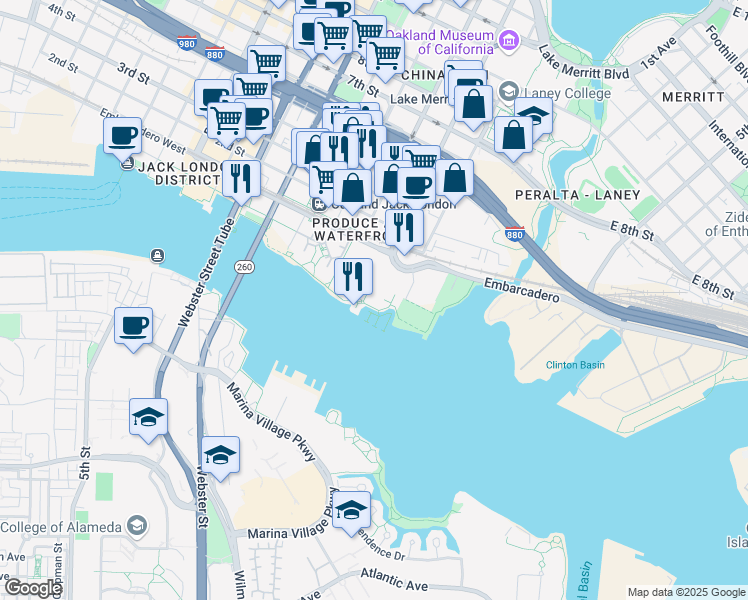 map of restaurants, bars, coffee shops, grocery stores, and more near 11 Embarcadero in Oakland