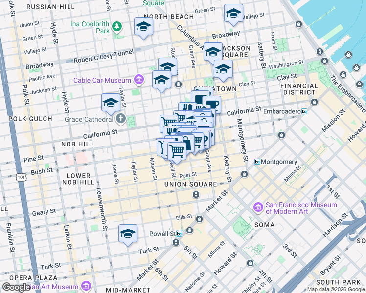 map of restaurants, bars, coffee shops, grocery stores, and more near 626 Bush Street in San Francisco