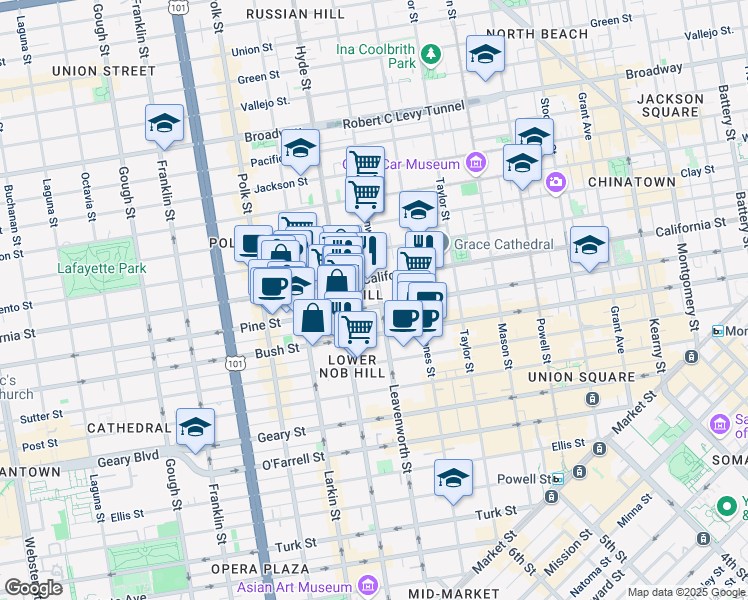 map of restaurants, bars, coffee shops, grocery stores, and more near 1398 California Street in San Francisco