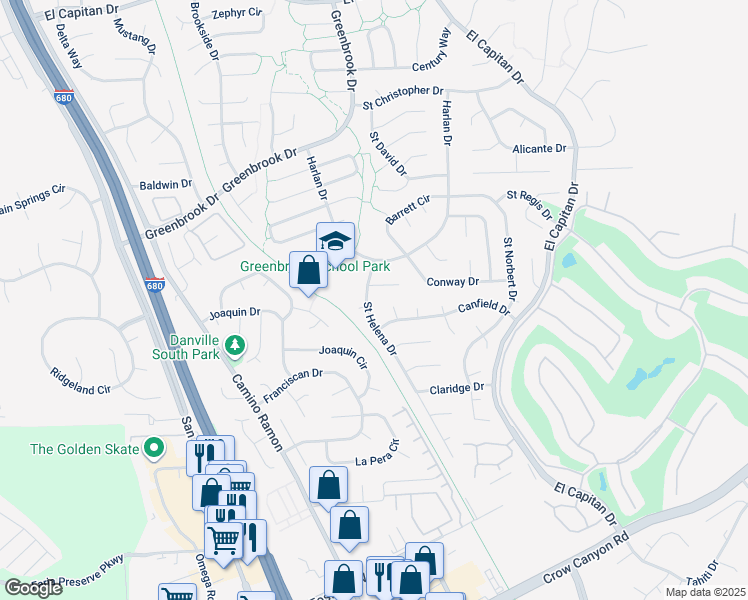 map of restaurants, bars, coffee shops, grocery stores, and more near 1536 Saint Helena Drive in Danville