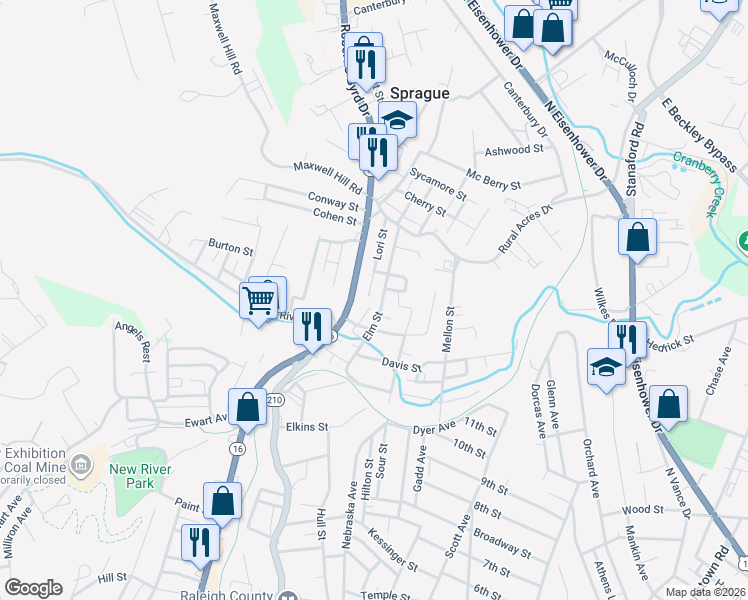 map of restaurants, bars, coffee shops, grocery stores, and more near 161 Laing Avenue in Beckley