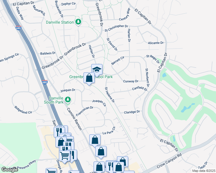 map of restaurants, bars, coffee shops, grocery stores, and more near 1536 Saint Helena Drive in Danville