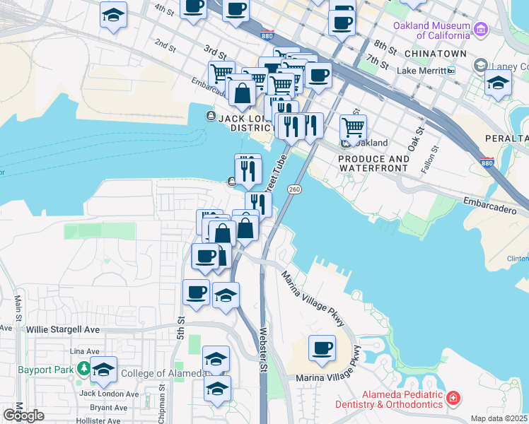 map of restaurants, bars, coffee shops, grocery stores, and more near 2400 Mariner Square Drive in Alameda