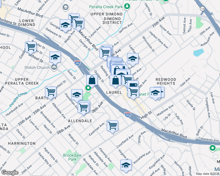 map of restaurants, bars, coffee shops, grocery stores, and more near 3814 Quigley Street in Oakland