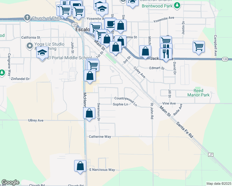 map of restaurants, bars, coffee shops, grocery stores, and more near 1971 Deborah Circle in Escalon
