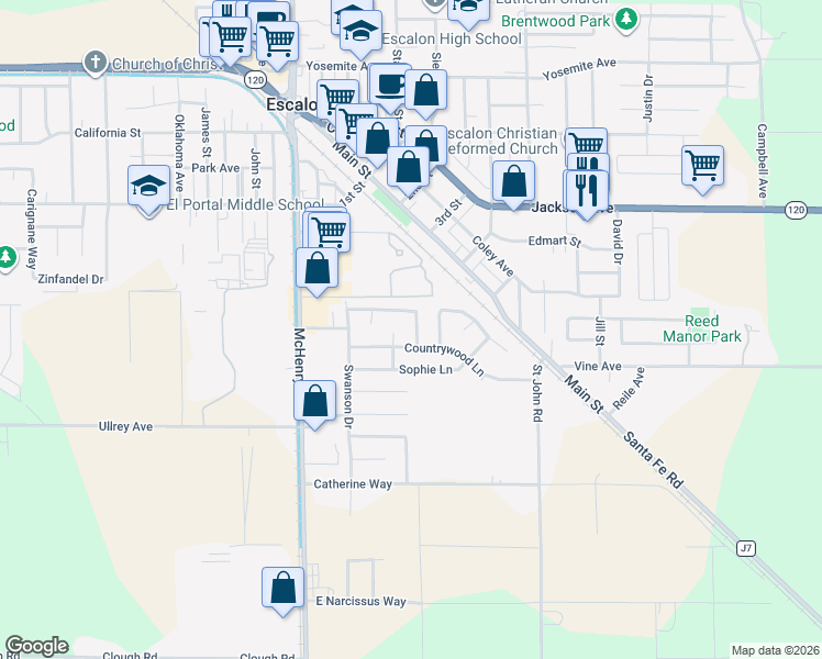 map of restaurants, bars, coffee shops, grocery stores, and more near 1971 Deborah Circle in Escalon