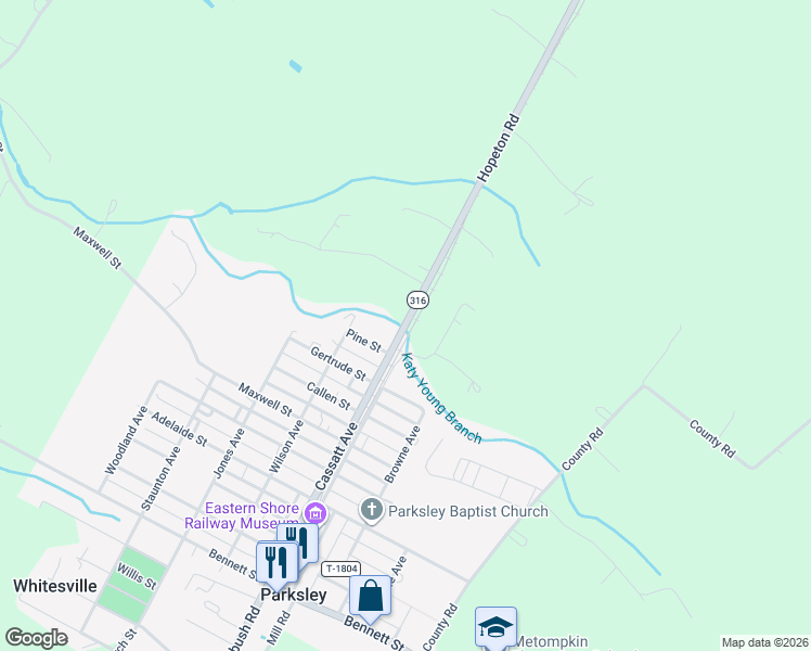 map of restaurants, bars, coffee shops, grocery stores, and more near 18206 Hopeton Road in Parksley