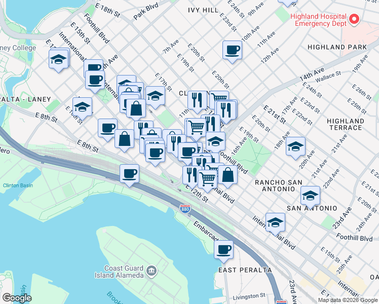 map of restaurants, bars, coffee shops, grocery stores, and more near 1504 13th Avenue in Oakland