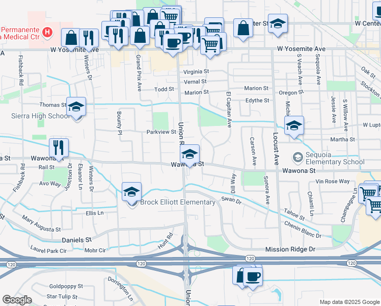 map of restaurants, bars, coffee shops, grocery stores, and more near 850 South Union Road in Manteca