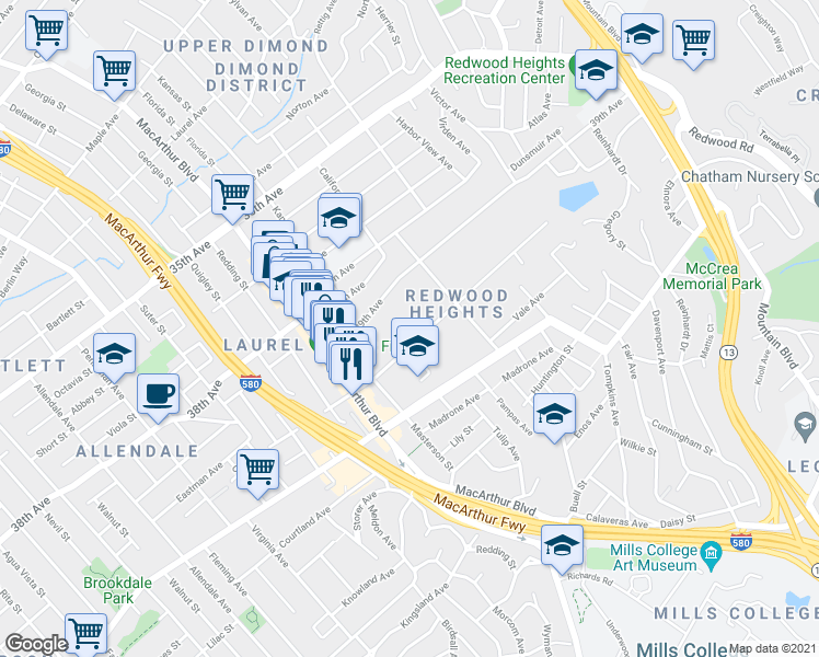 map of restaurants, bars, coffee shops, grocery stores, and more near 3833 Maybelle Avenue in Oakland