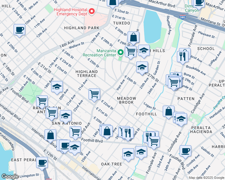 map of restaurants, bars, coffee shops, grocery stores, and more near 2405 23rd Avenue in Oakland