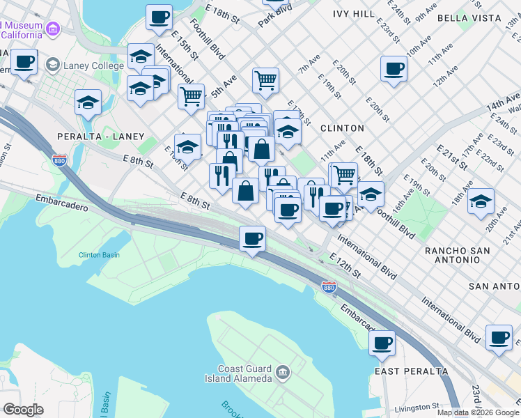 map of restaurants, bars, coffee shops, grocery stores, and more near 1040 East 12th Street in Oakland