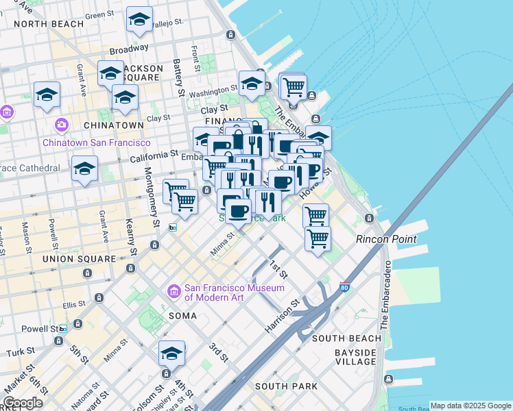map of restaurants, bars, coffee shops, grocery stores, and more near 201 Mission Street in San Francisco
