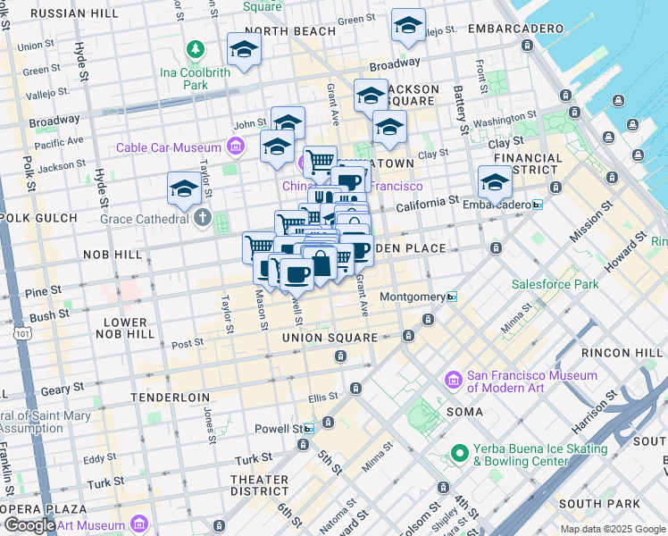 map of restaurants, bars, coffee shops, grocery stores, and more near 701 Pine Street in San Francisco