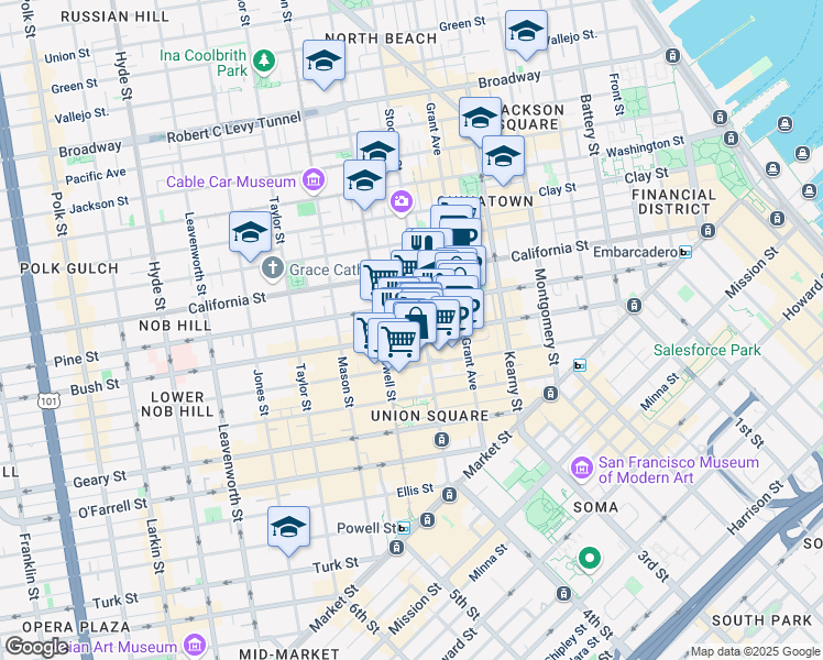 map of restaurants, bars, coffee shops, grocery stores, and more near 701 Pine Street in San Francisco