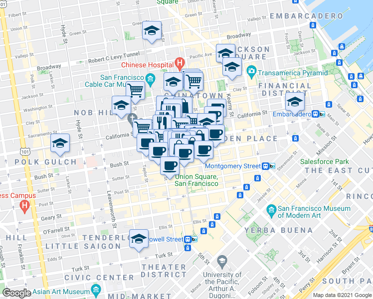 map of restaurants, bars, coffee shops, grocery stores, and more near in San Francisco