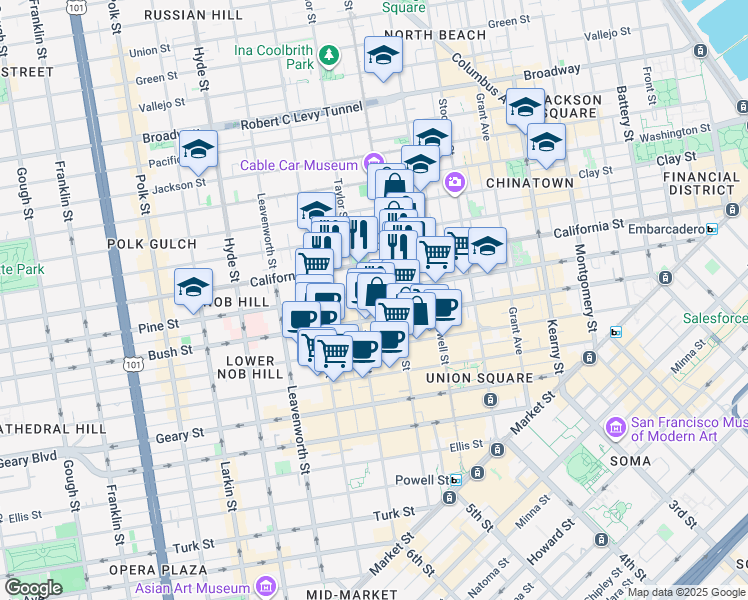 map of restaurants, bars, coffee shops, grocery stores, and more near in San Francisco