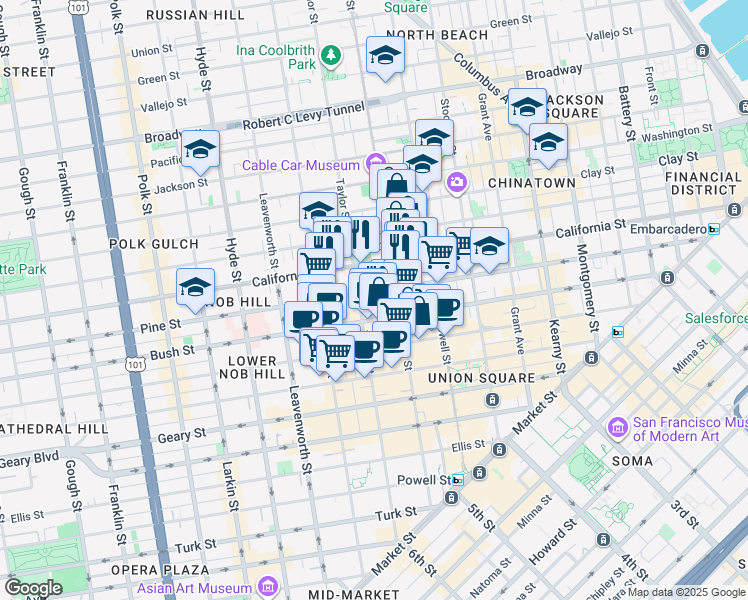 map of restaurants, bars, coffee shops, grocery stores, and more near in San Francisco
