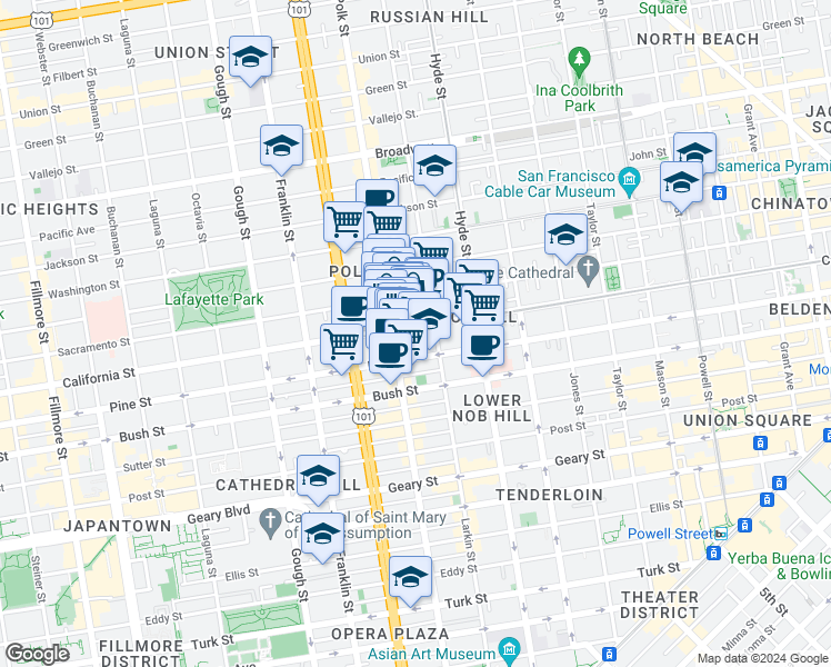 map of restaurants, bars, coffee shops, grocery stores, and more near 1574 California Street in San Francisco
