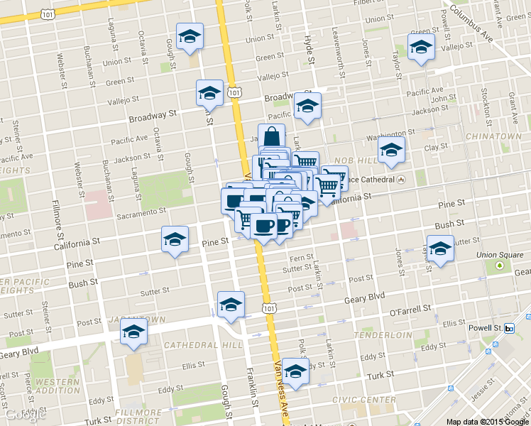 map of restaurants, bars, coffee shops, grocery stores, and more near in San Francisco