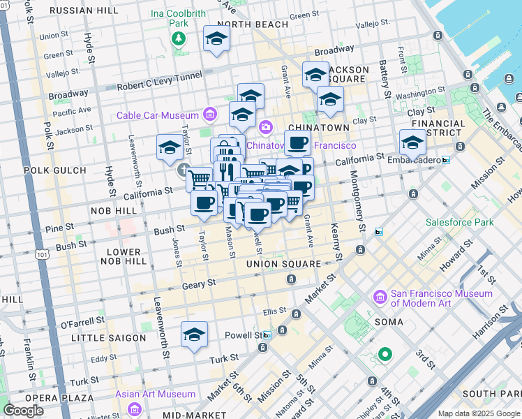 map of restaurants, bars, coffee shops, grocery stores, and more near 660 Bush Street in San Francisco