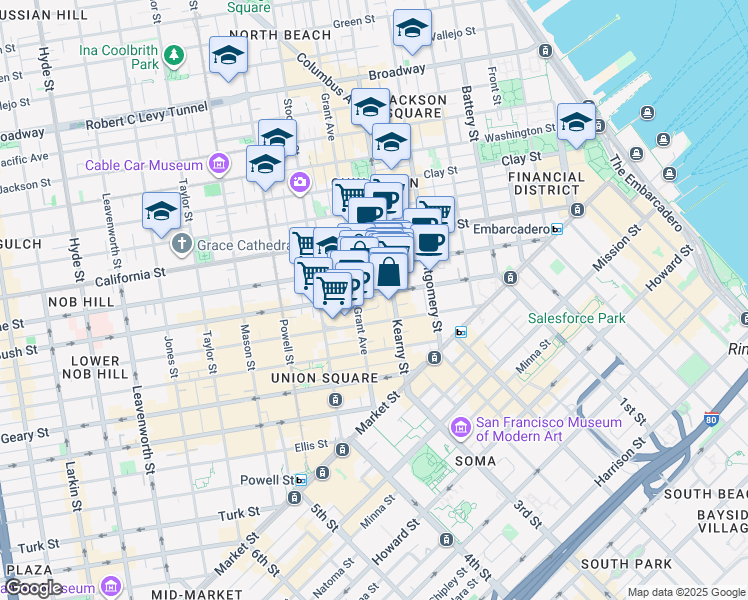 map of restaurants, bars, coffee shops, grocery stores, and more near 237 Kearny Street in San Francisco