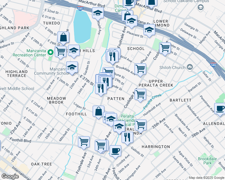 map of restaurants, bars, coffee shops, grocery stores, and more near 3140 East 27th Street in Oakland