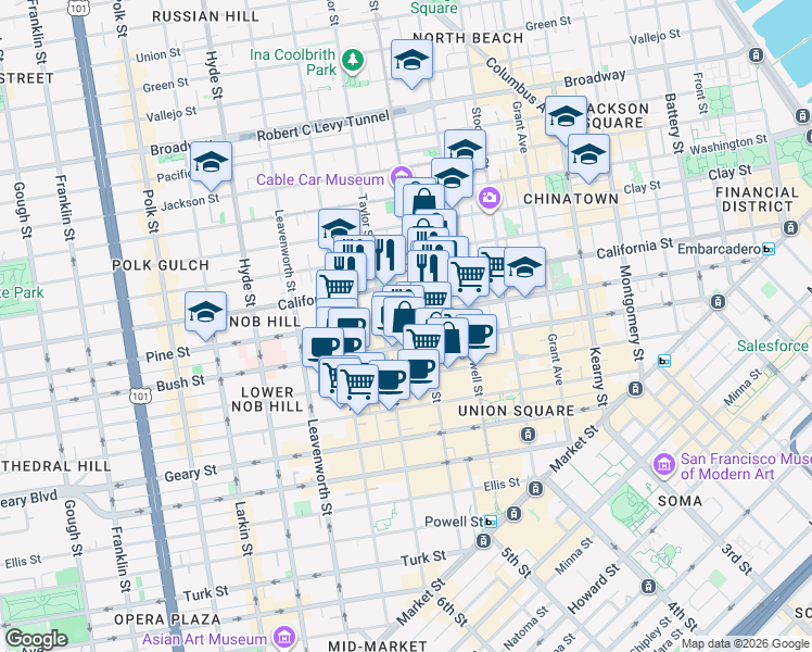 map of restaurants, bars, coffee shops, grocery stores, and more near 990 Pine Street in San Francisco