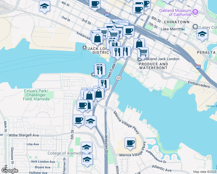 map of restaurants, bars, coffee shops, grocery stores, and more near 2400 Mariner Square Drive in Alameda