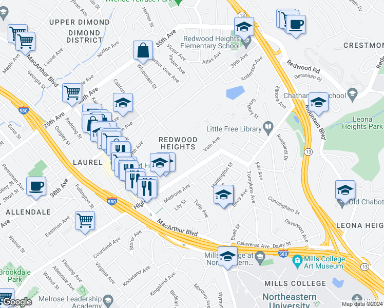 map of restaurants, bars, coffee shops, grocery stores, and more near 4156 Bayo Street in Oakland