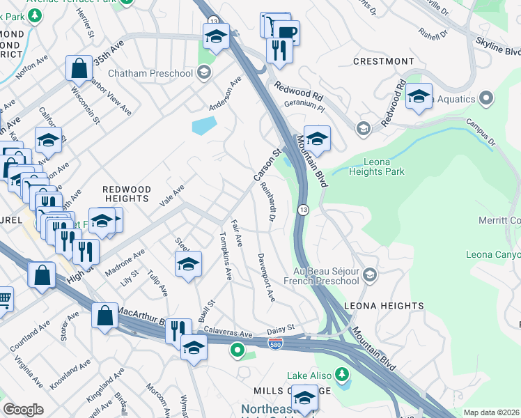 map of restaurants, bars, coffee shops, grocery stores, and more near 4452 Davenport Avenue in Oakland