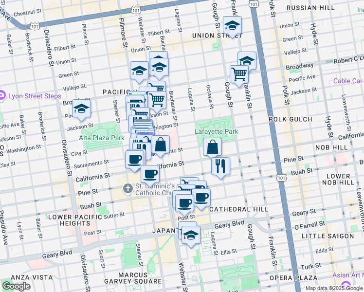 map of restaurants, bars, coffee shops, grocery stores, and more near 2230 Sacramento Street in San Francisco
