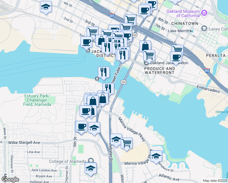 map of restaurants, bars, coffee shops, grocery stores, and more near 2400 Mariner Square Drive in Alameda